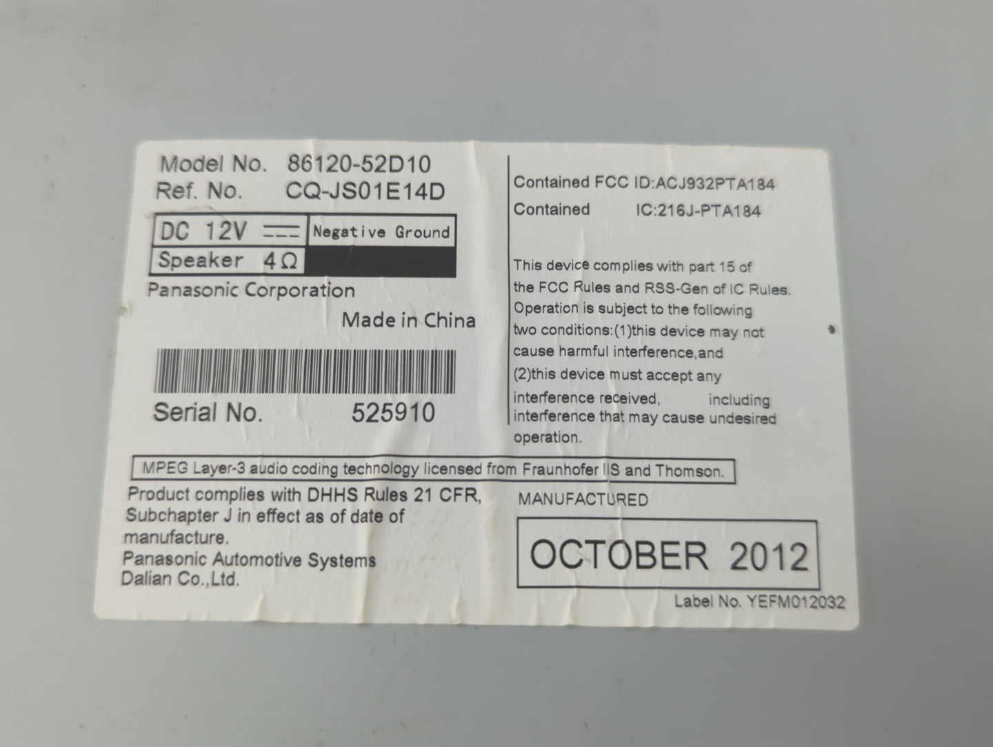 2012-2014 Toyota Prius Radio AM FM Cd Player Receiver Replacement P/N:86120-52D10 Fits Fits 2012 2013 2014 OEM Used Auto Par