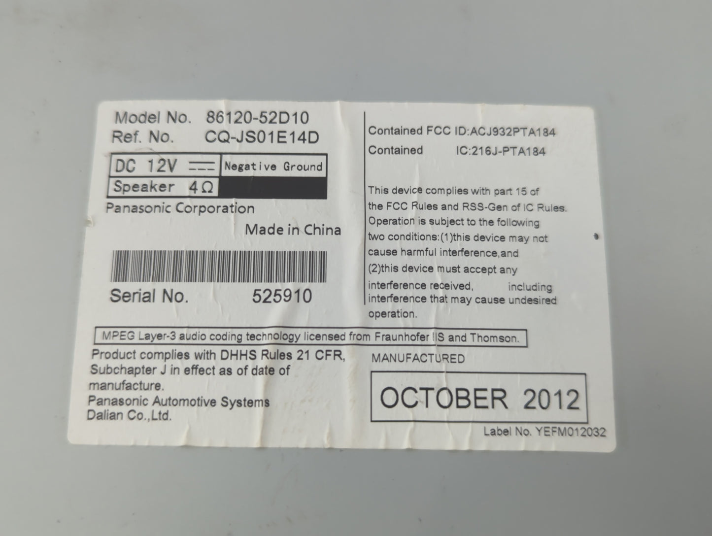 2012-2014 Toyota Prius Radio AM FM Cd Player Receiver Replacement P/N:86120-52D10 Fits Fits 2012 2013 2014 OEM Used Auto Par