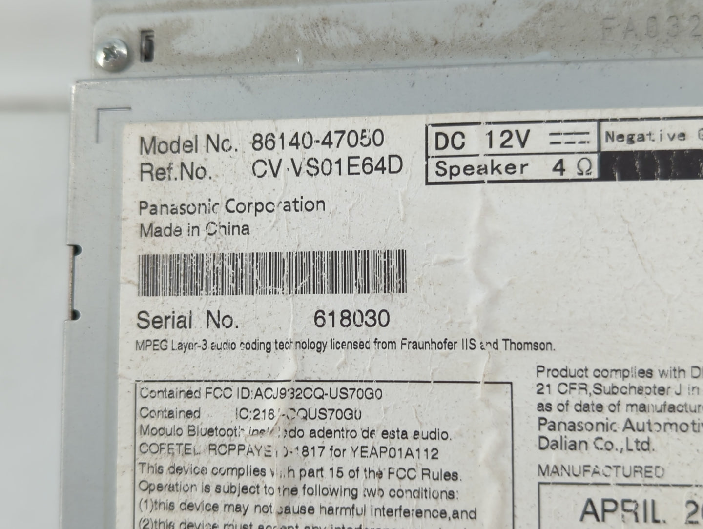 2012-2015 Toyota Prius Radio AM FM Cd Player Receiver Replacement P/N:86140-47050 Fits Fits 2012 2013 2014 2015 OEM Used Aut