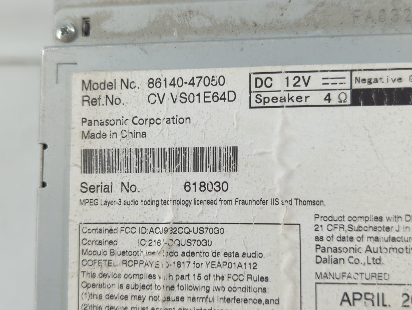 2012-2015 Toyota Prius Radio AM FM Cd Player Receiver Replacement P/N:86140-47050 Fits Fits 2012 2013 2014 2015 OEM Used Aut