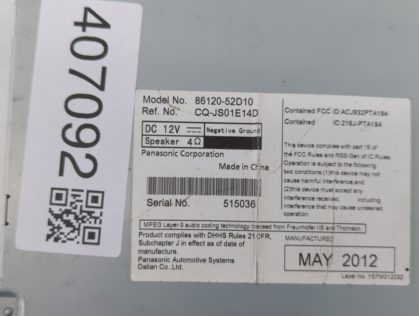 2012-2014 Toyota Prius C Am Fm Cd Player Radio Receiver - Oemusedautoparts1.com