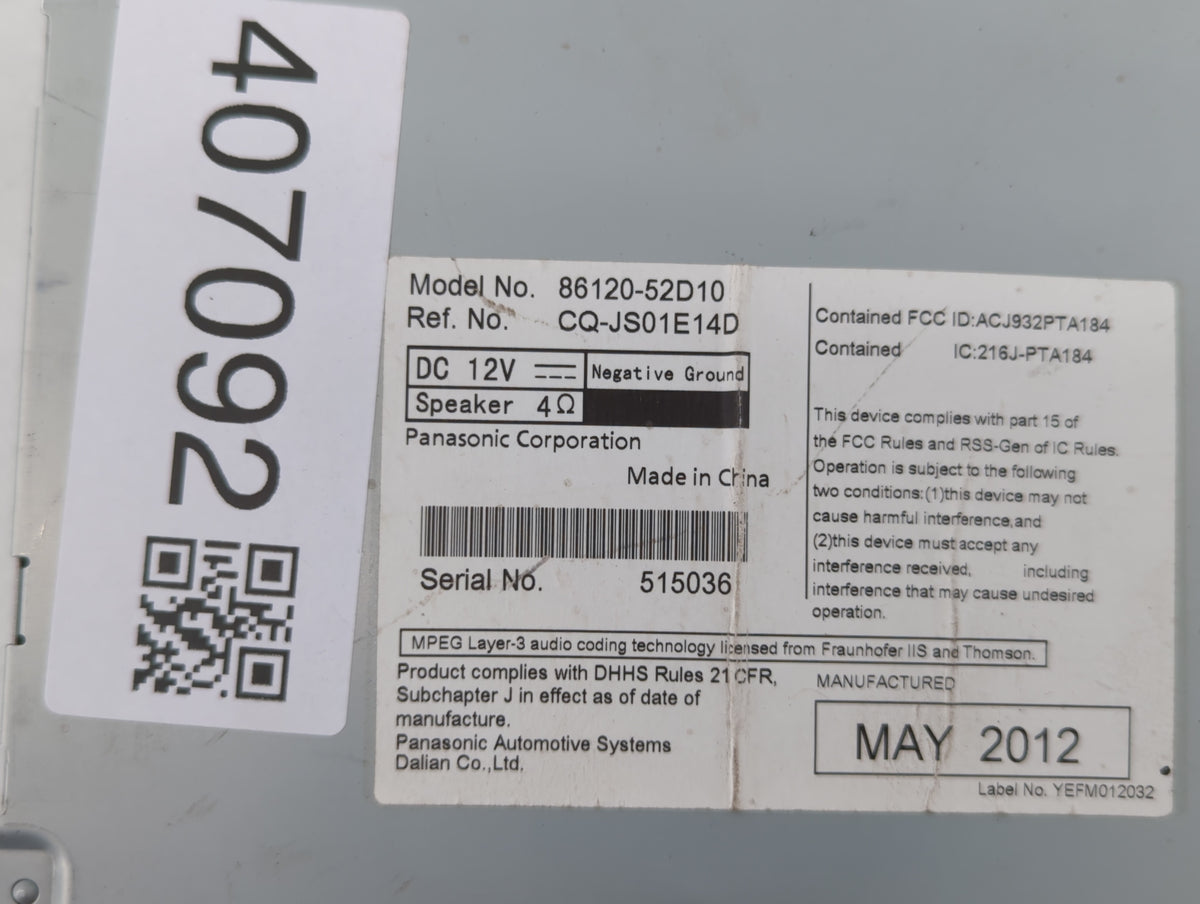 2012-2014 Toyota Prius C Am Fm Cd Player Radio Receiver 407092 - Oemusedautoparts1.com