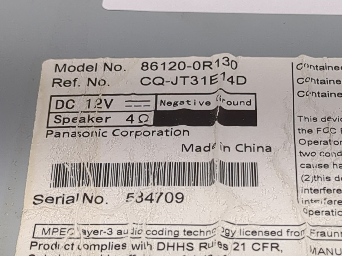 2012 Toyota Rav4 Radio AM FM Cd Player Receiver Replacement P/N:86120-0R130 CQ-JT31E4D Fits OEM Used Auto Parts - Oemusedaut