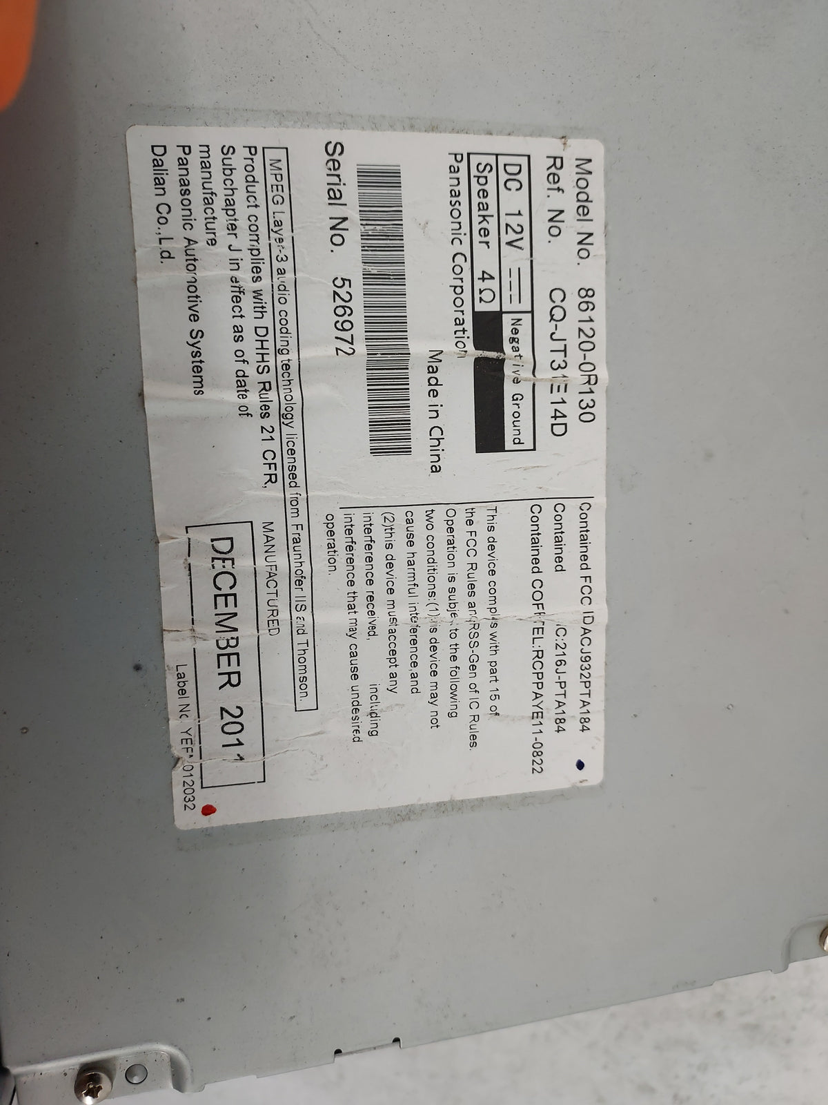 2012 Toyota Rav4 Radio AM FM Cd Player Receiver Replacement P/N:86120-0R130 CQ-JT3140D Fits OEM Used Auto Parts - Oemusedaut