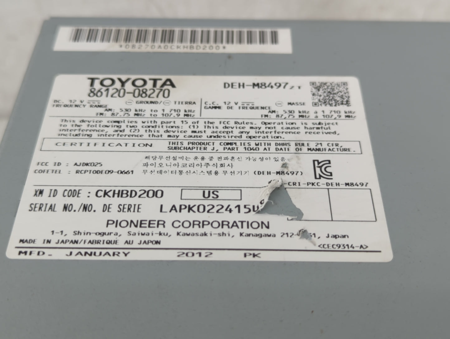 2011-2014 Toyota Sienna Radio AM FM Cd Player Receiver Replacement P/N:86120-08270 Fits Fits 2011 2012 2013 2014 OEM Used Au