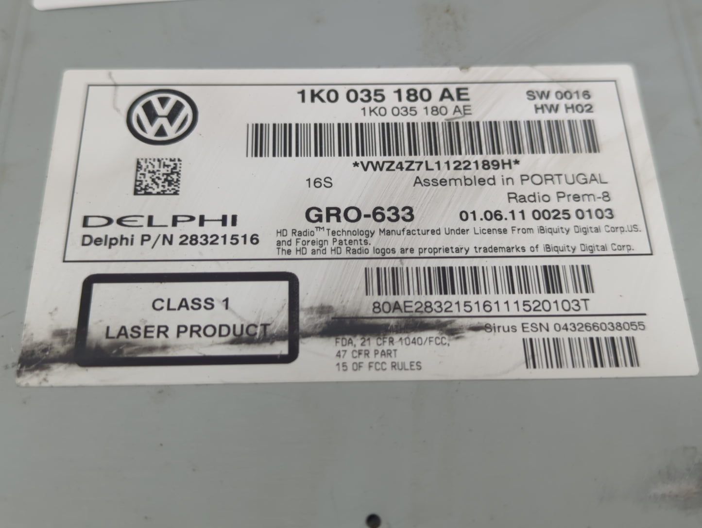 2012-2013 Volkswagen Cc Radio AM FM Cd Player Receiver Replacement P/N:1K0035180AE Fits Fits 2012 2013 2014 2015 OEM Used Au