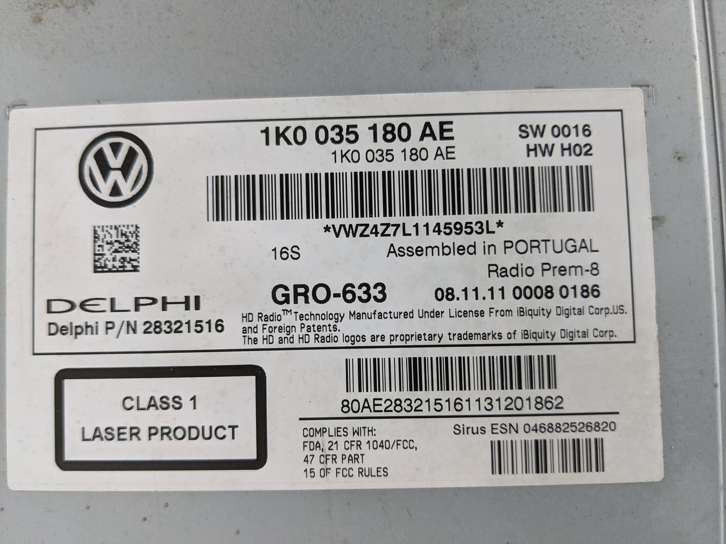2012-2013 Volkswagen Cc Radio AM FM Cd Player Receiver Replacement P/N:1K0035180AE 28321516, GRO-633 Fits Fits 2012 2013 201