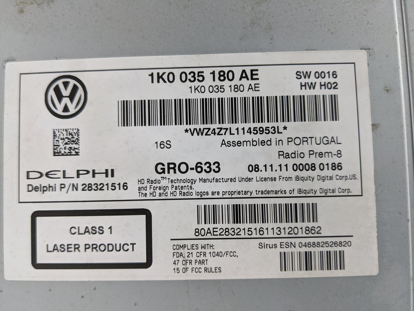 2012-2013 Volkswagen Cc Radio AM FM Cd Player Receiver Replacement P/N:1K0035180AE 28321516, GRO-633 Fits Fits 2012 2013 201