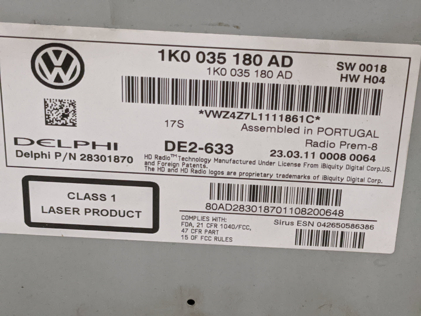 2012-2015 Volkswagen Cc Radio AM FM Cd Player Receiver Replacement P/N:1K0035180AD 28301870 Fits OEM Used Auto Parts - Oemus
