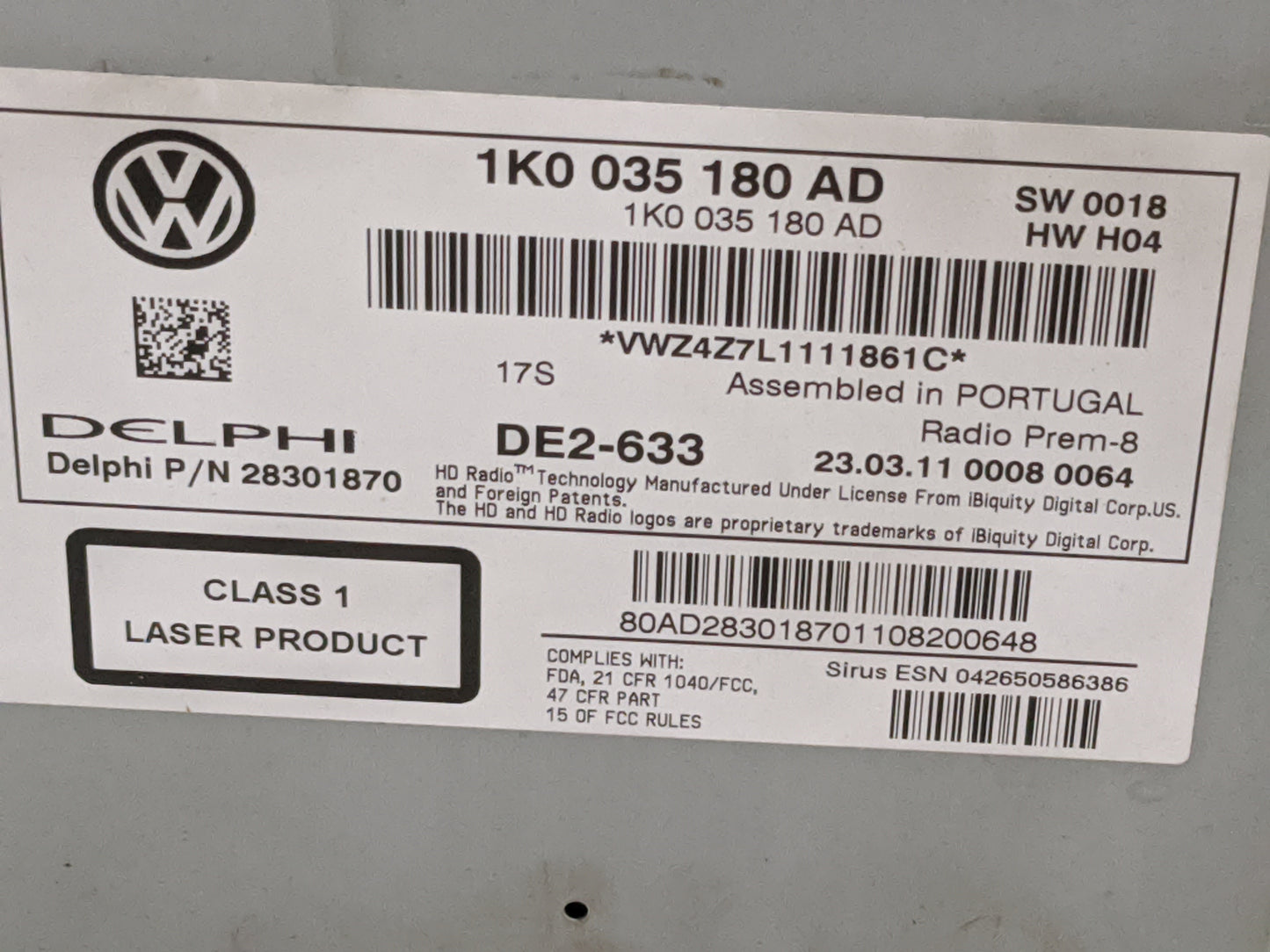 2012-2015 Volkswagen Cc Radio AM FM Cd Player Receiver Replacement P/N:1K0035180AD 28301870 Fits OEM Used Auto Parts - Oemus