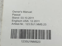 2012 Volkswagen Passat Owners Manual Book Guide P/N:123.5U1.NMS.23 1235U1NMS23 OEM Used Auto Parts - Oemusedautoparts1.com