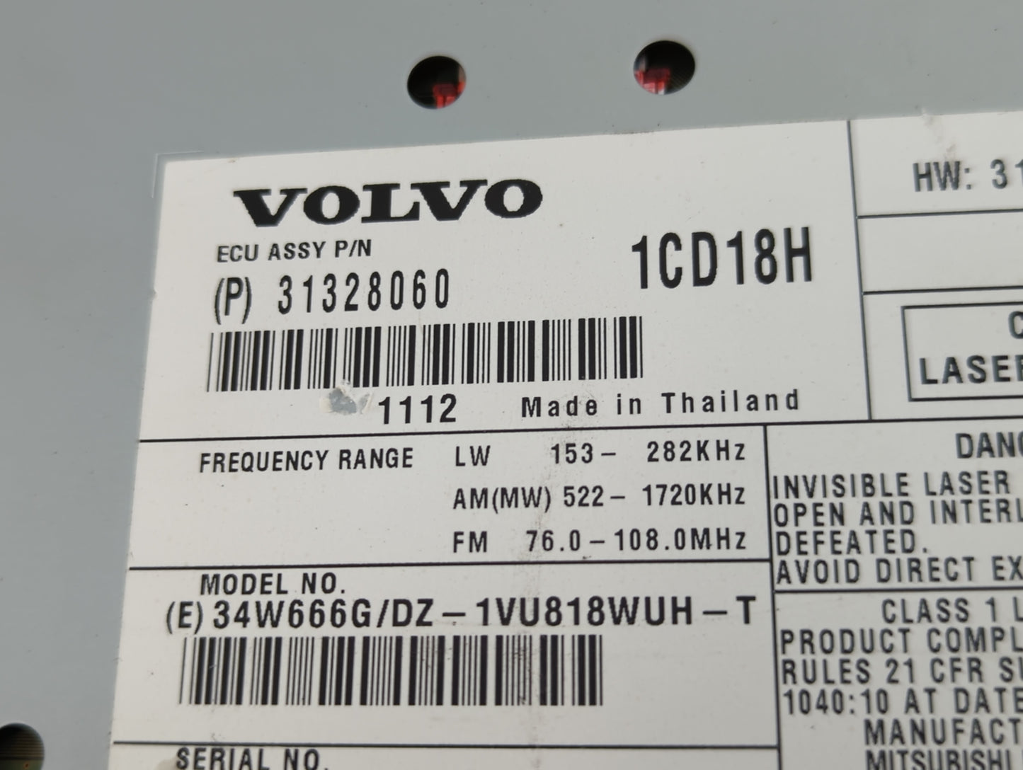 2009-2013 Volvo C70 Radio AM FM Cd Player Receiver Replacement P/N:31328060 1CD18H Fits Fits 2009 2010 2011 2012 2013 OEM Us