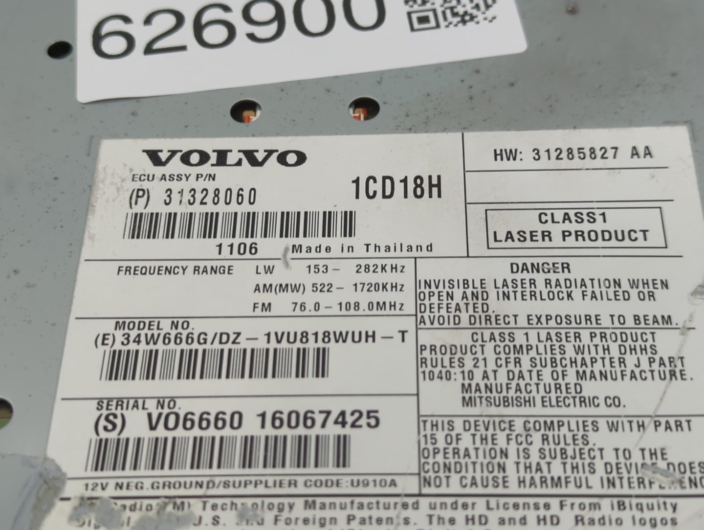2012 Volvo V70 Radio AM FM Cd Player Receiver Replacement P/N:31328060 Fits Fits 2009 2010 2011 2013 OEM Used Auto Parts - O