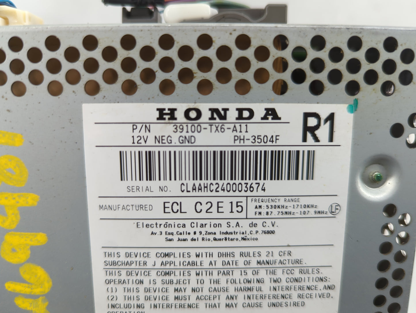 2013-2015 Acura Ilx Radio AM FM Cd Player Receiver Replacement P/N:39100-TX6-A11 Fits Fits 2013 2014 2015 OEM Used Auto Part