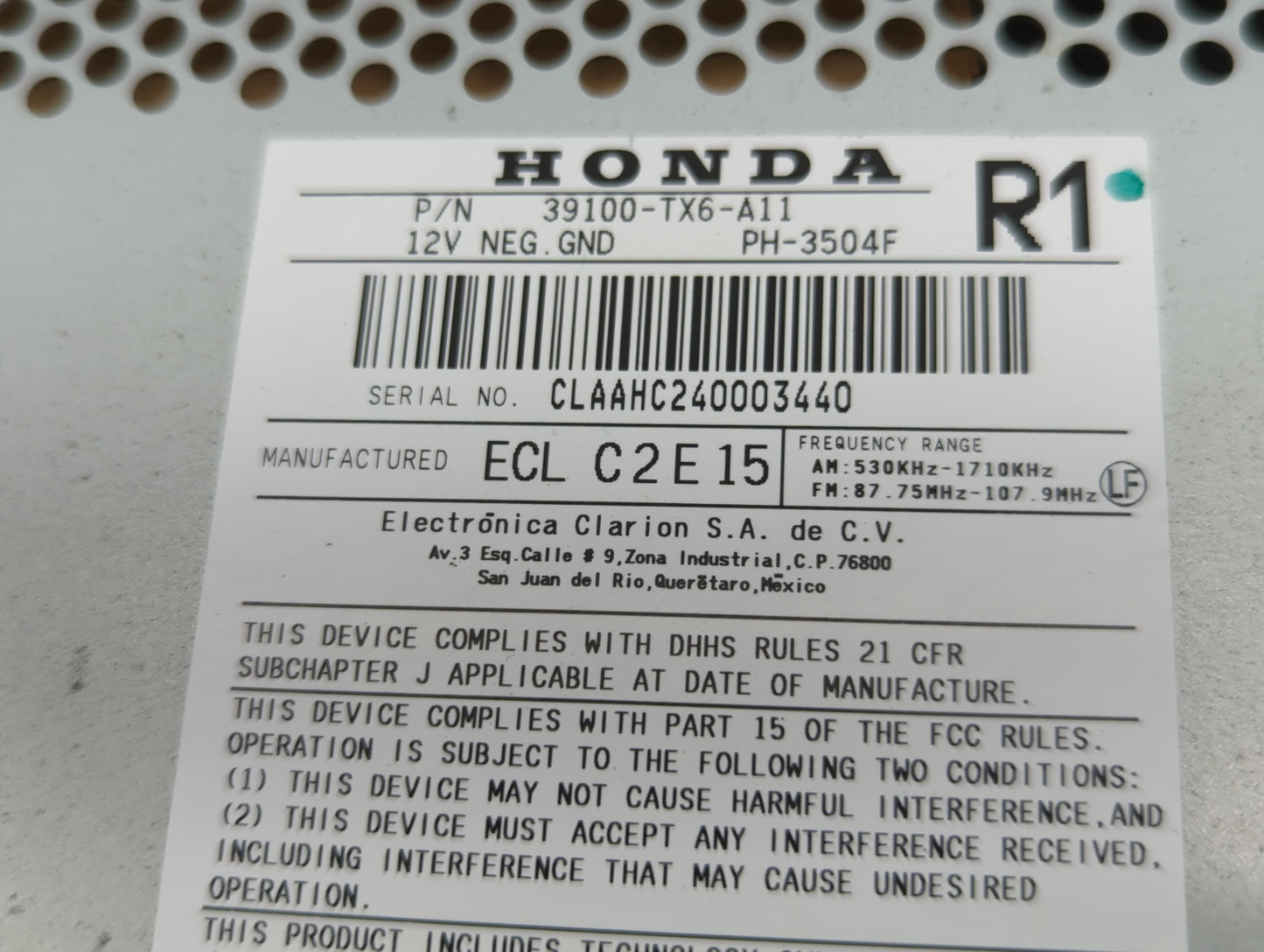 2013-2015 Acura Ilx Radio AM FM Cd Player Receiver Replacement P/N:39100-TX6-A11 PH-3504F Fits Fits 2013 2014 2015 OEM Used 