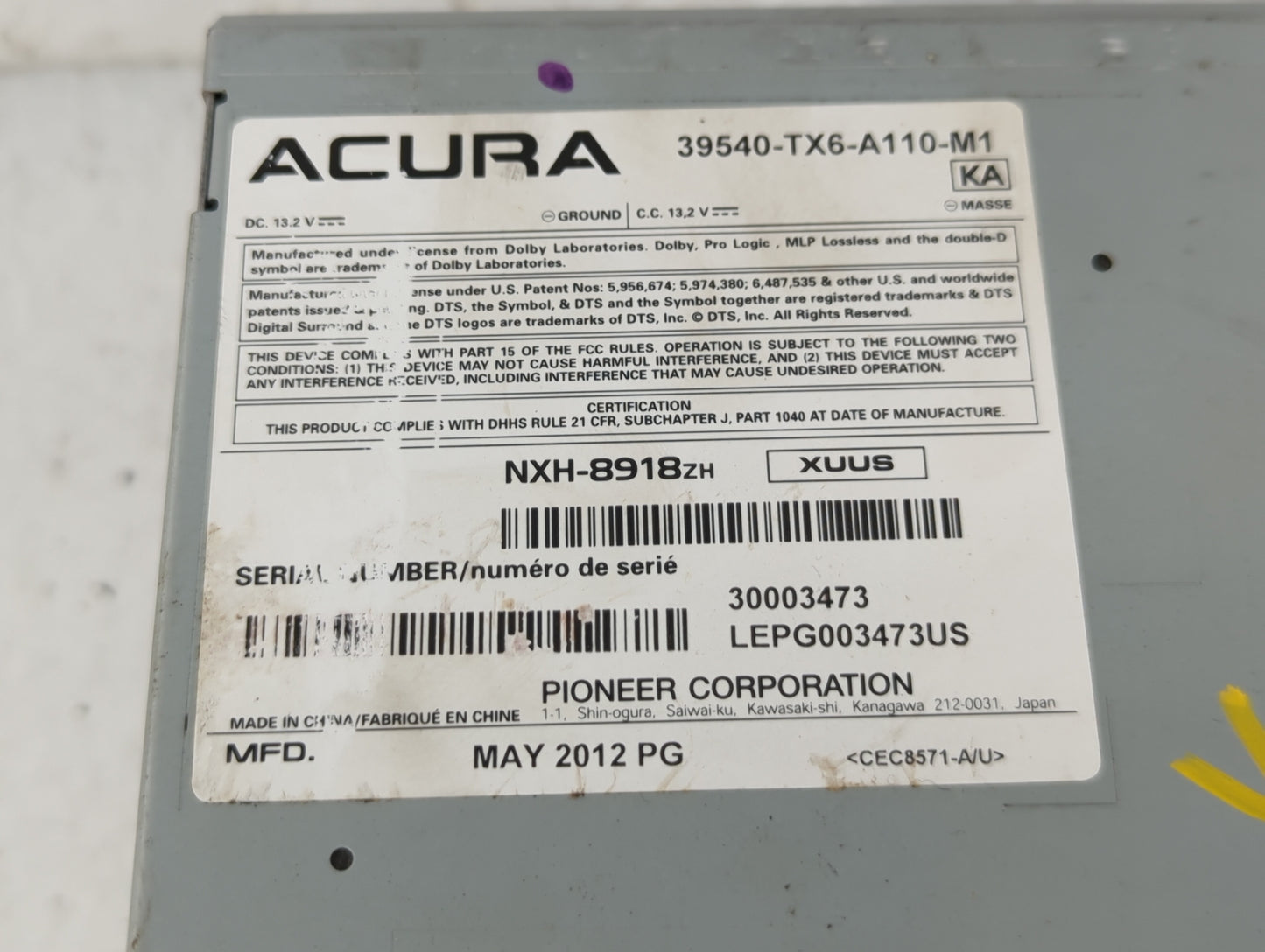 2013-2015 Acura Ilx Radio AM FM Cd Player Receiver Replacement P/N:39540-TX6-A110-M1 Fits Fits 2013 2014 2015 OEM Used Auto 