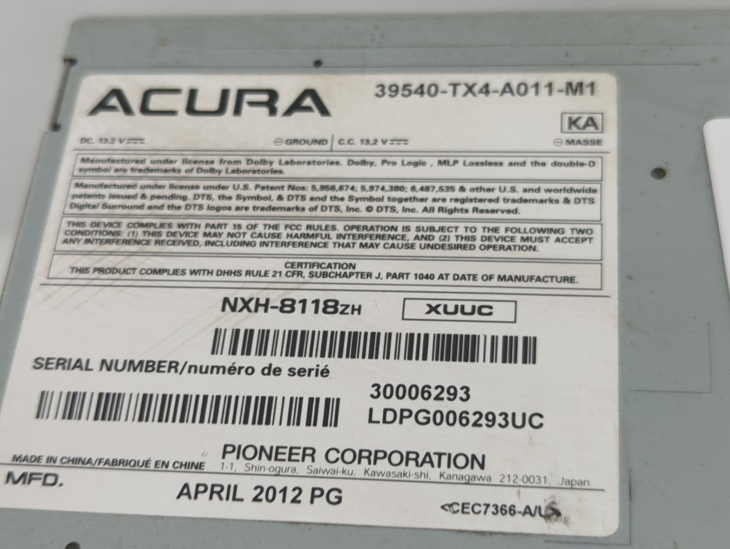 2013-2018 Acura Rdx Radio AM FM Cd Player Receiver Replacement P/N:39540-TX4-A011-M1 NXH-8118ZH Fits OEM Used Auto Parts - O