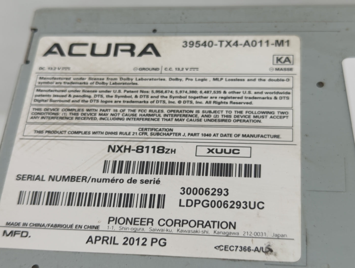 2013-2018 Acura Rdx Radio AM FM Cd Player Receiver Replacement P/N:39540-TX4-A011-M1 NXH-8118ZH Fits OEM Used Auto Parts - O