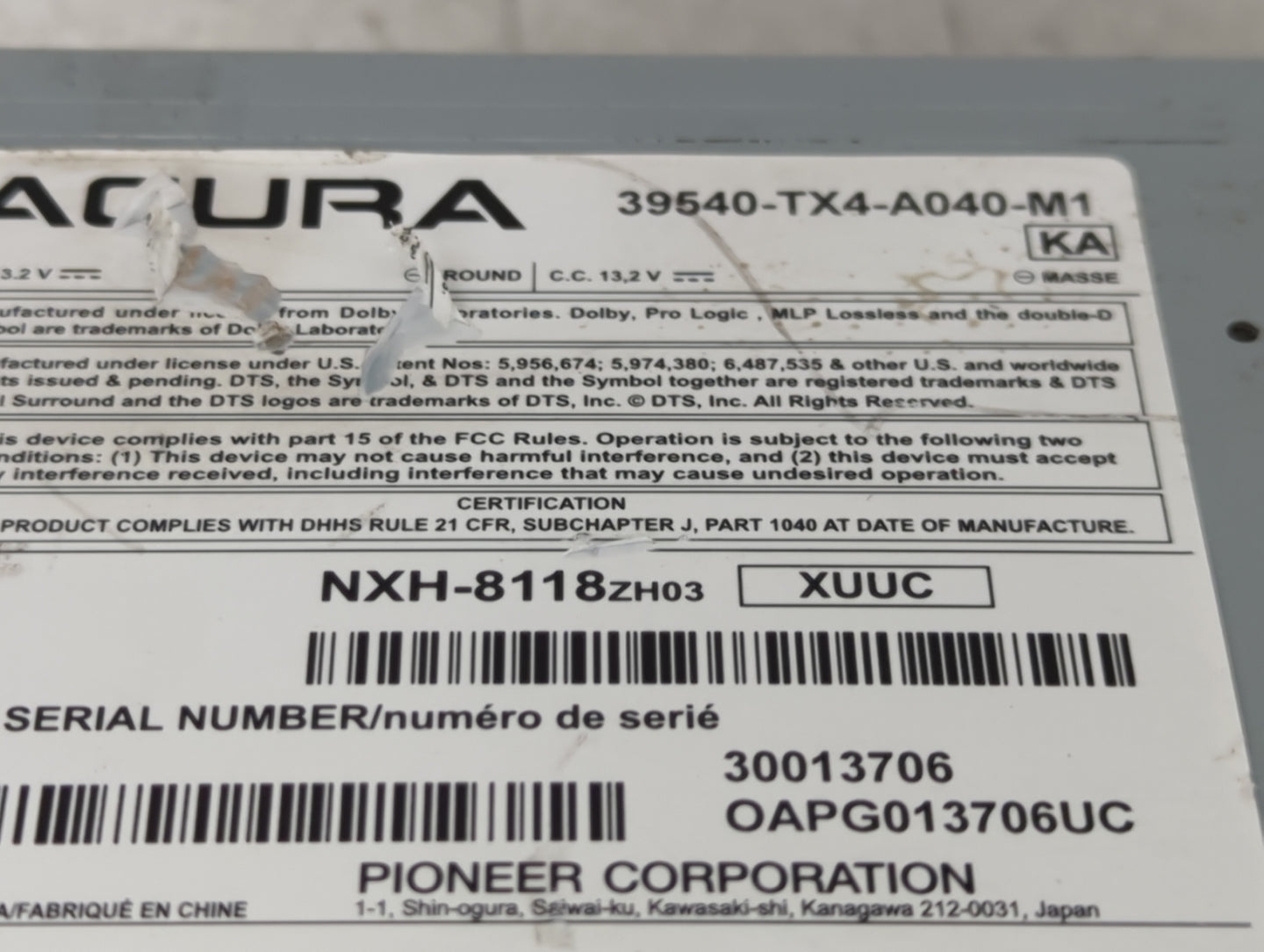 2013-2015 Acura Rdx Radio AM FM Cd Player Receiver Replacement P/N:39540-TX4-A040-M1 Fits Fits 2013 2014 2015 OEM Used Auto 