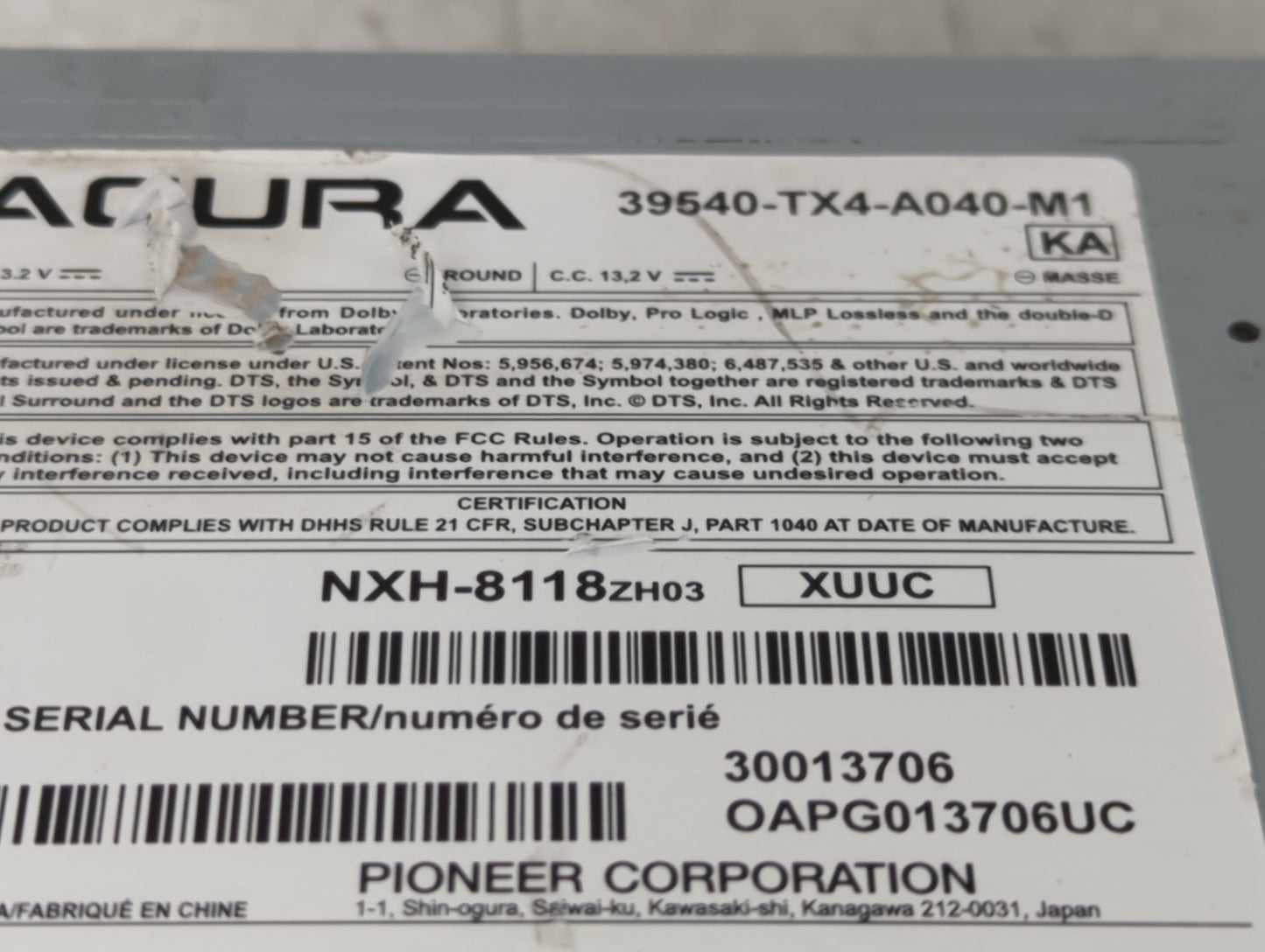 2013-2015 Acura Rdx Radio AM FM Cd Player Receiver Replacement P/N:39540-TX4-A040-M1 Fits Fits 2013 2014 2015 OEM Used Auto 