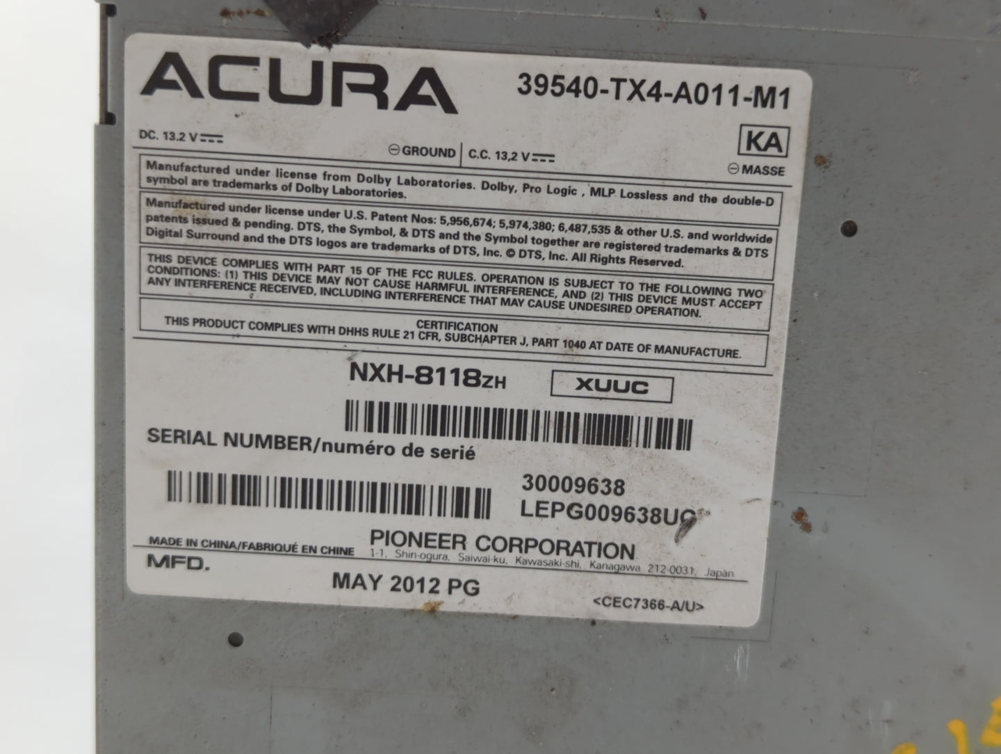 2013-2015 Acura Rdx Radio AM FM Cd Player Receiver Replacement P/N:39540-TX4-A011-M1 Fits Fits 2013 2014 2015 OEM Used Auto 
