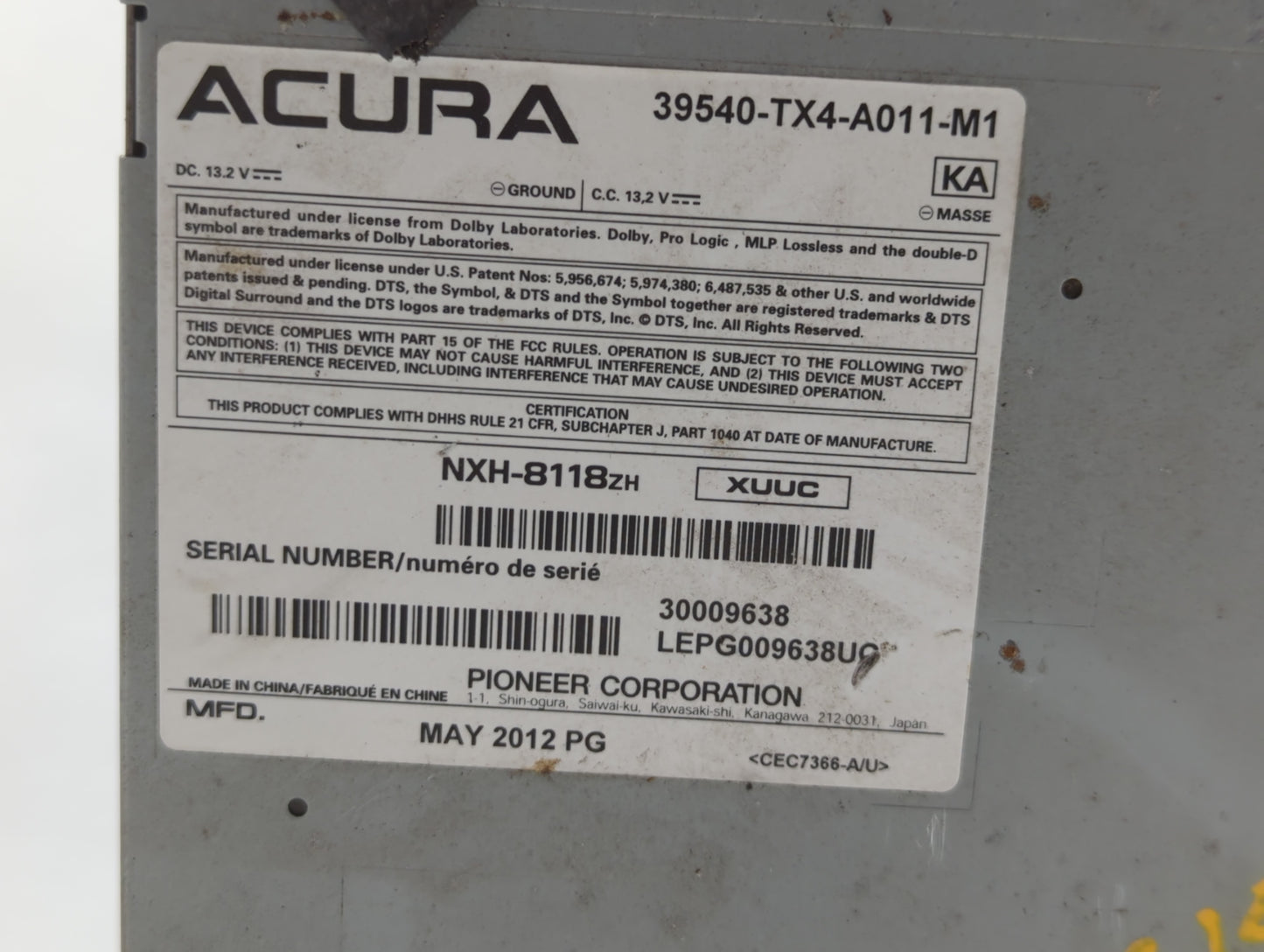 2013-2015 Acura Rdx Radio AM FM Cd Player Receiver Replacement P/N:39540-TX4-A011-M1 Fits Fits 2013 2014 2015 OEM Used Auto 
