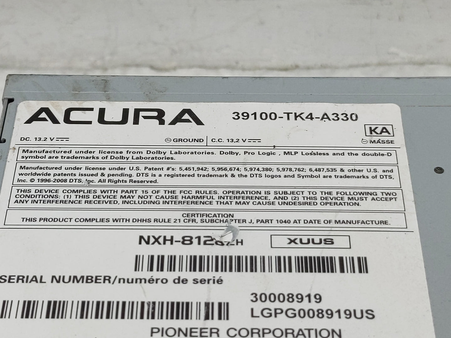 2013-2014 Acura Tl Radio AM FM Cd Player Receiver Replacement P/N:39100-TK4-A330 Fits Fits 2013 2014 OEM Used Auto Parts - O