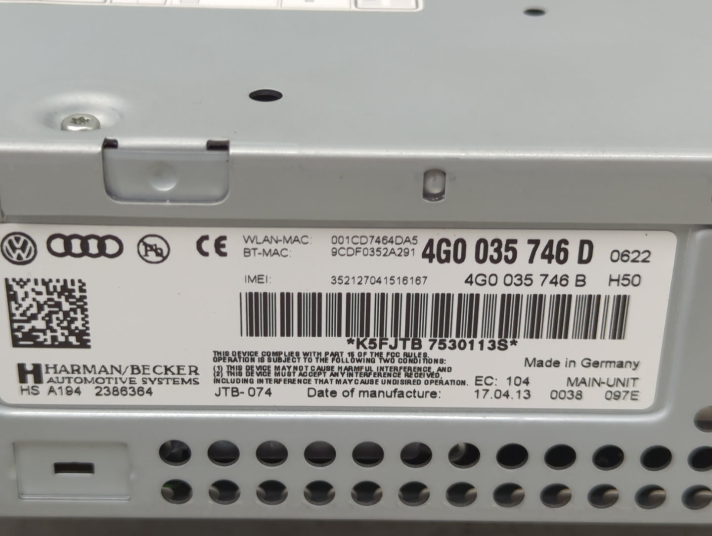 2012-2015 Audi A6 Radio AM FM Cd Player Receiver Replacement P/N:4G0035746D Fits Fits 2012 2013 2014 2015 OEM Used Auto Part