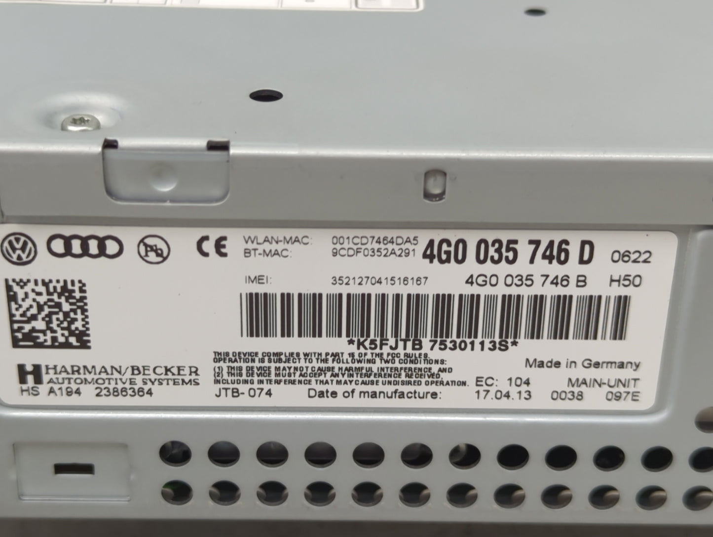 2012-2015 Audi A6 Radio AM FM Cd Player Receiver Replacement P/N:4G0035746D Fits Fits 2012 2013 2014 2015 OEM Used Auto Part