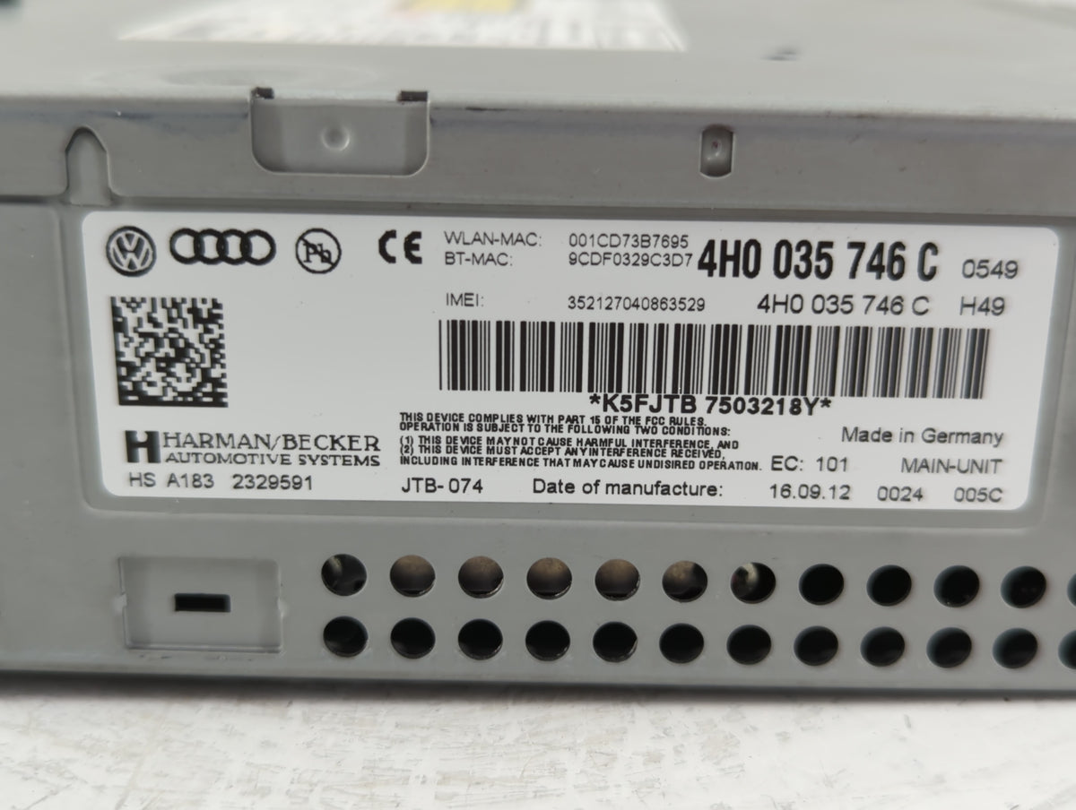 2011-2016 Audi A8 Radio AM FM Cd Player Receiver Replacement P/N:4H0 035 746 C Fits Fits 2011 2012 2013 2014 2015 2016 OEM U