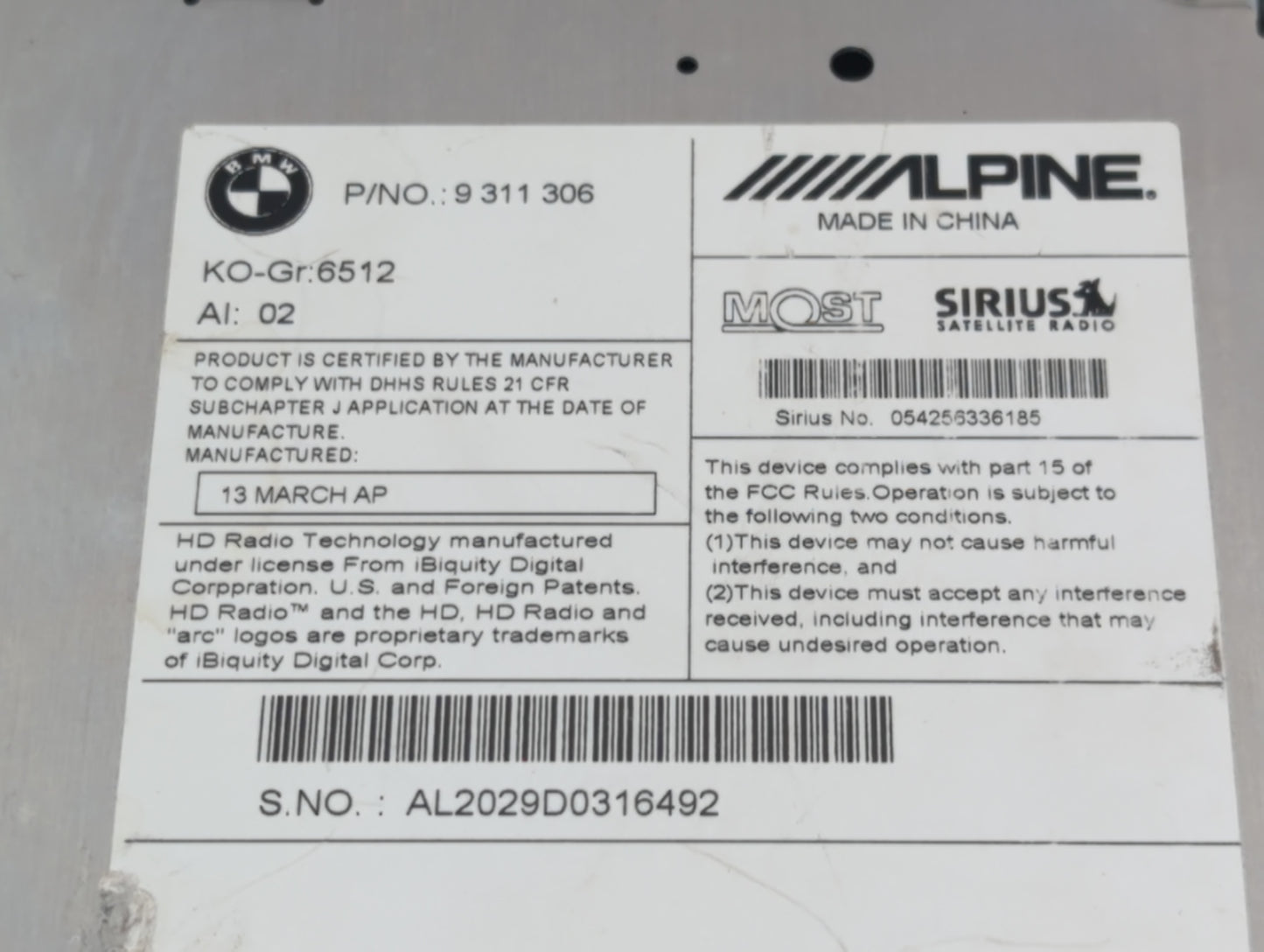 2013-2014 Bmw 535i Radio AM FM Cd Player Receiver Replacement P/N:9 311 306 Fits Fits 2013 2014 2015 2016 2017 OEM Used Auto