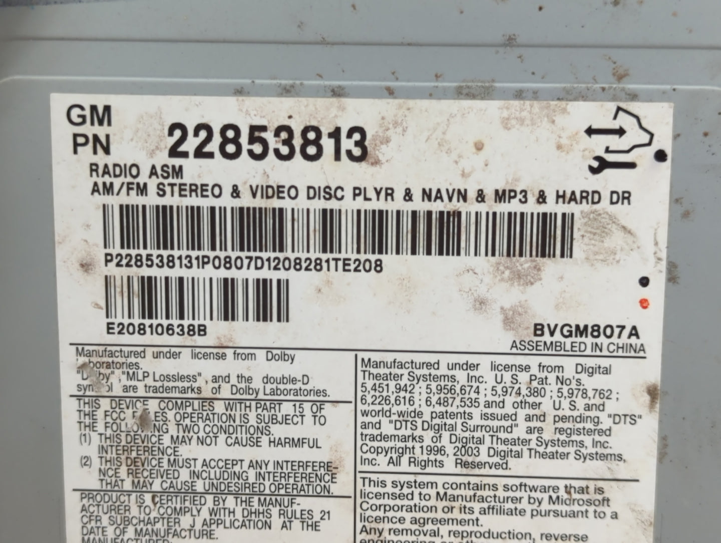 2012-2014 Cadillac Cts Radio AM FM Cd Player Receiver Replacement P/N:22853813 Fits Fits 2012 2013 2014 OEM Used Auto Parts 