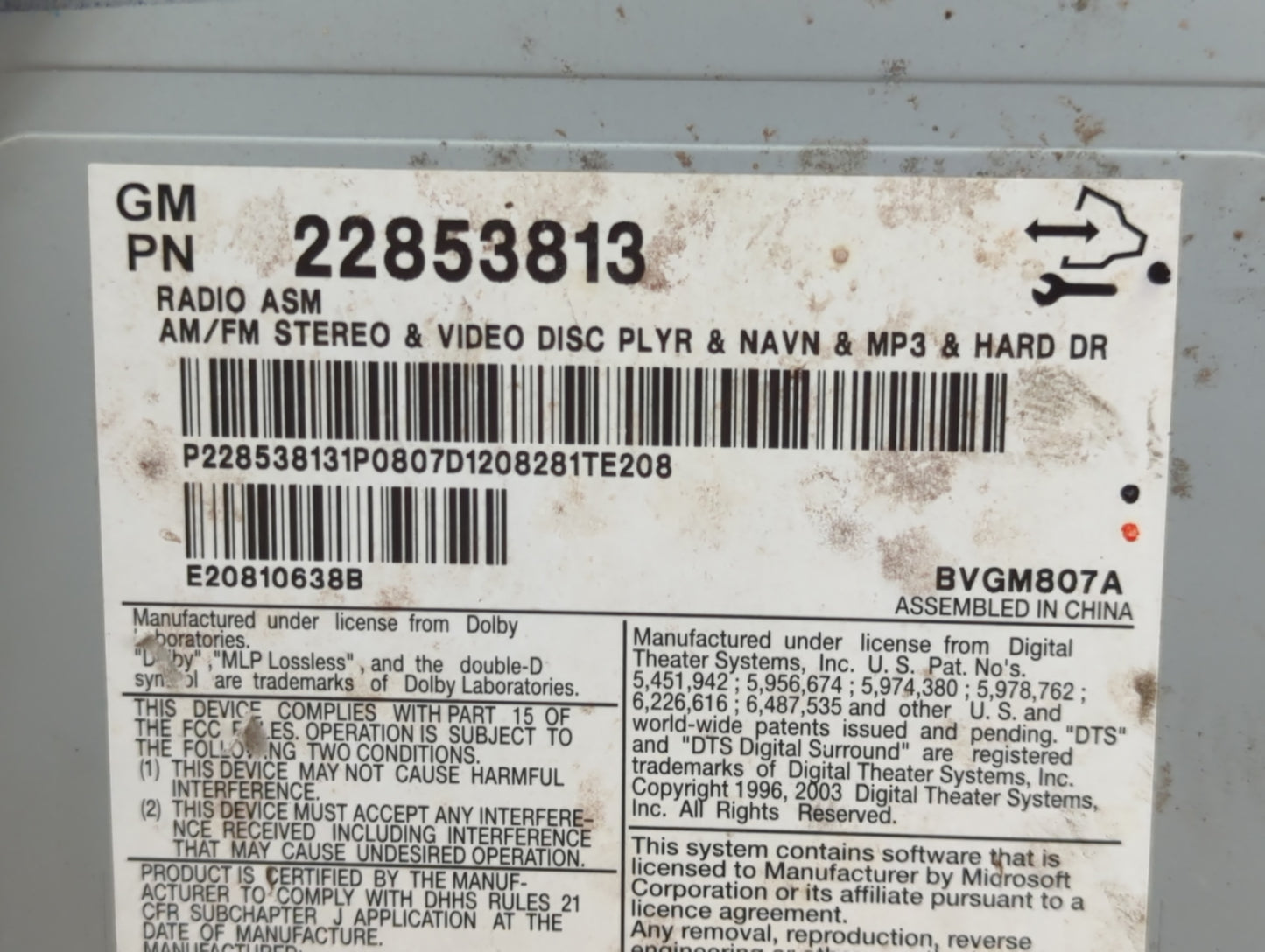 2012-2014 Cadillac Cts Radio AM FM Cd Player Receiver Replacement P/N:22853813 Fits Fits 2012 2013 2014 OEM Used Auto Parts 