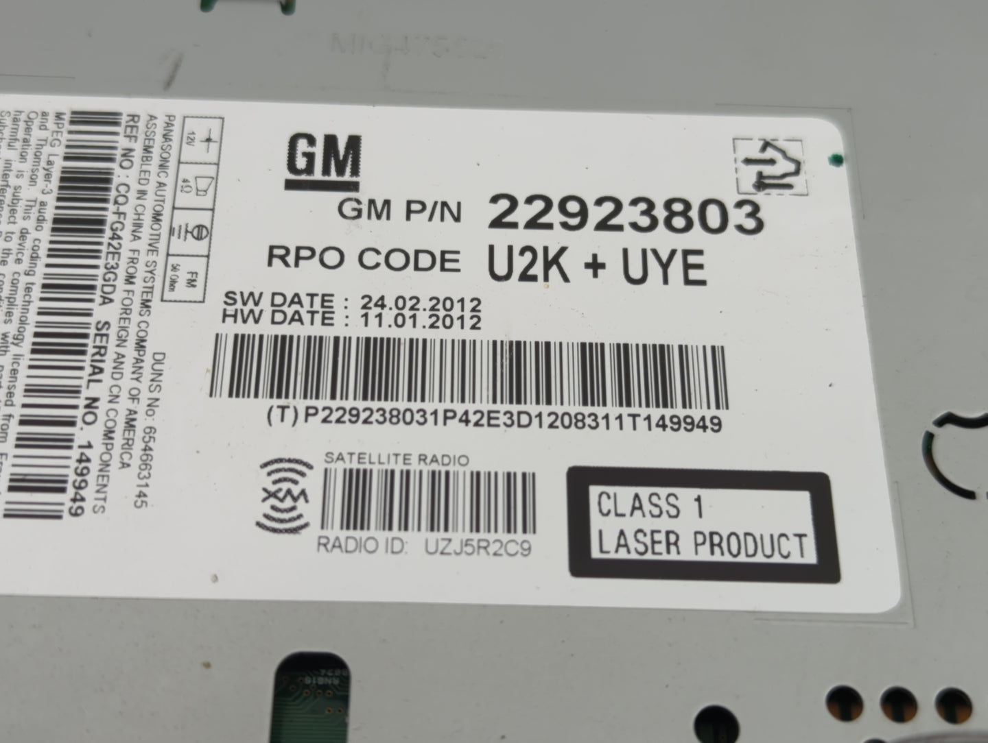 2013-2016 Chevrolet Cruze Radio AM FM Cd Player Receiver Replacement P/N:22923803 Fits Fits 2013 2014 2015 2016 OEM Used Aut