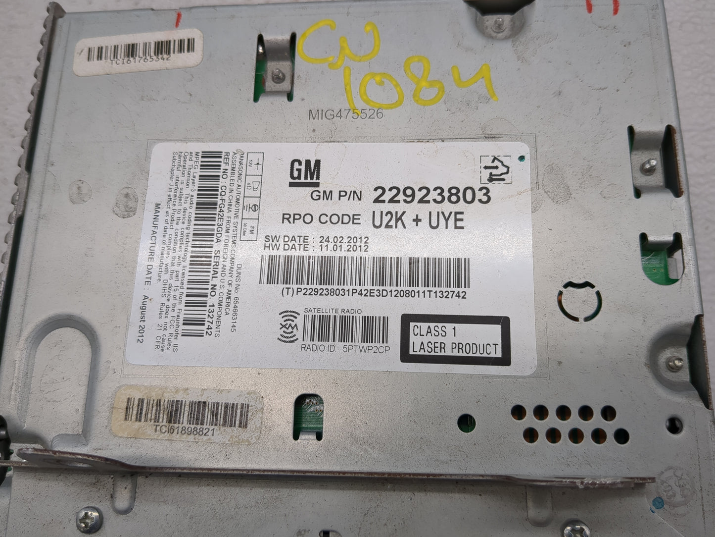 2013 Chevrolet Cruze Radio AM FM Cd Player Receiver Replacement P/N:22923803 Fits OEM Used Auto Parts - Oemusedautoparts1.co