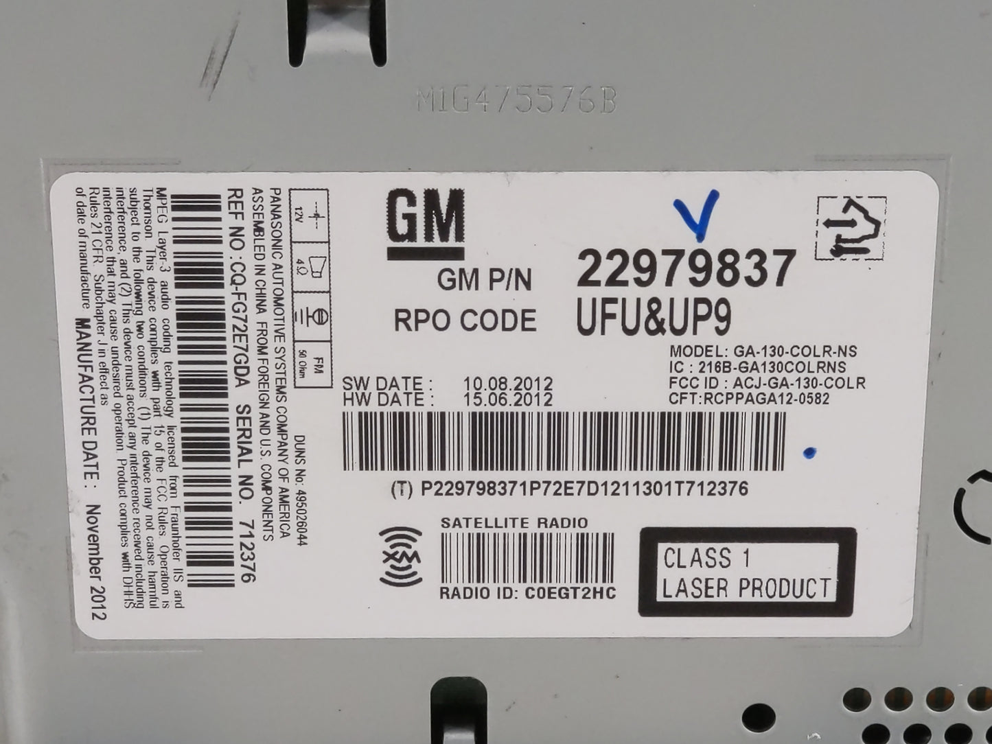2013 Chevrolet Cruze Radio AM FM Cd Player Receiver Replacement P/N:22979837 GA-130-COLR-NS, 216B-GA130COLRNS Fits OEM Used 