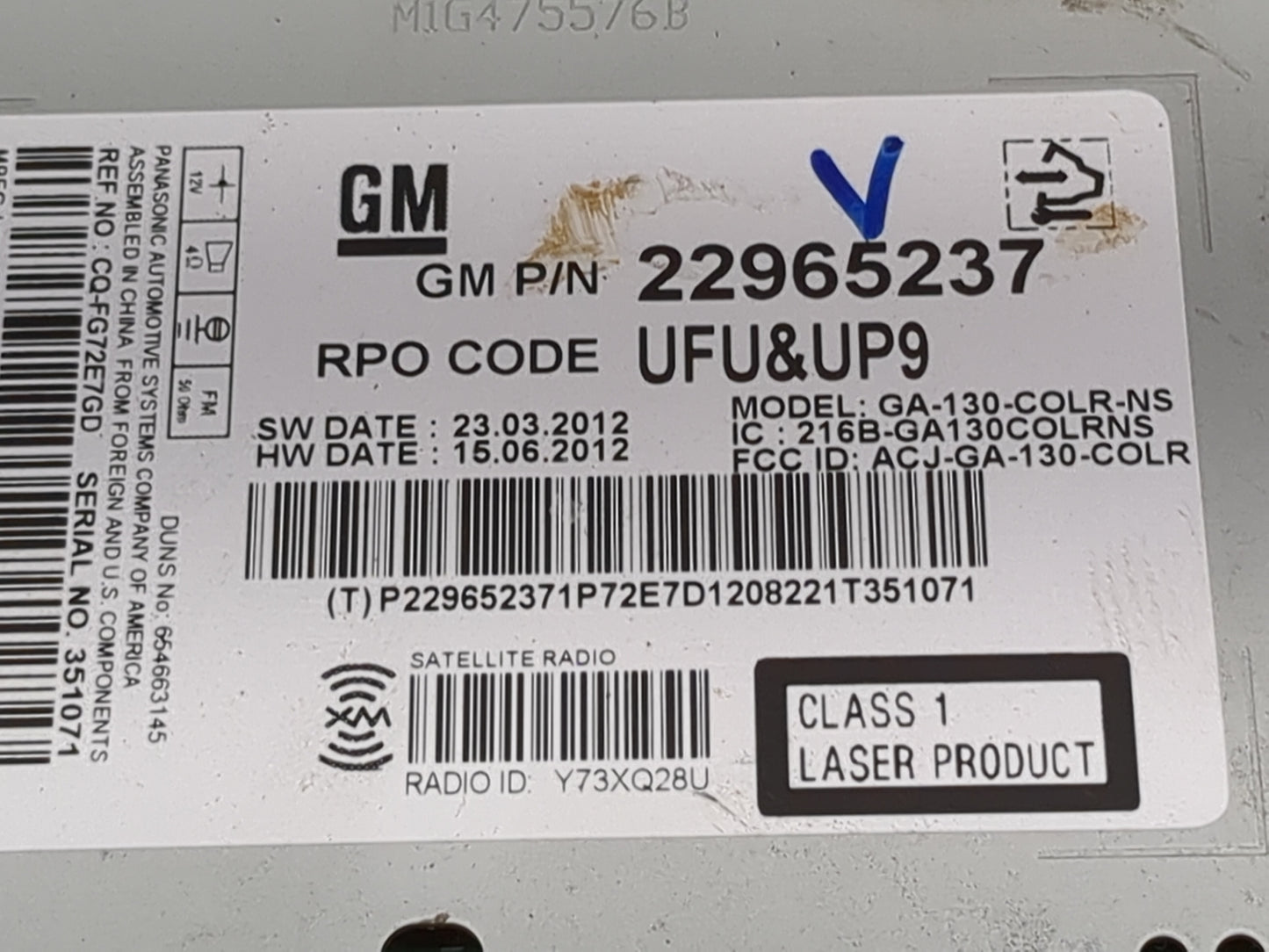 2013 Chevrolet Cruze Radio AM FM Cd Player Receiver Replacement P/N:22965237 GA-130-COLR-NS, 216B-GA130COLRNS Fits OEM Used 