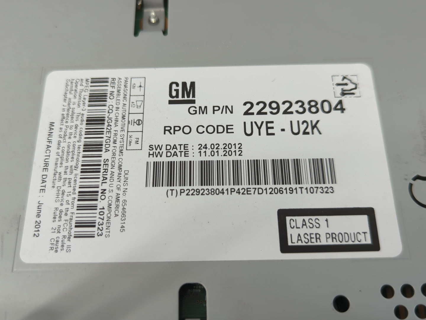 2013 Chevrolet Cruze Radio AM FM Cd Player Receiver Replacement P/N:22923804 Fits OEM Used Auto Parts - Oemusedautoparts1.co