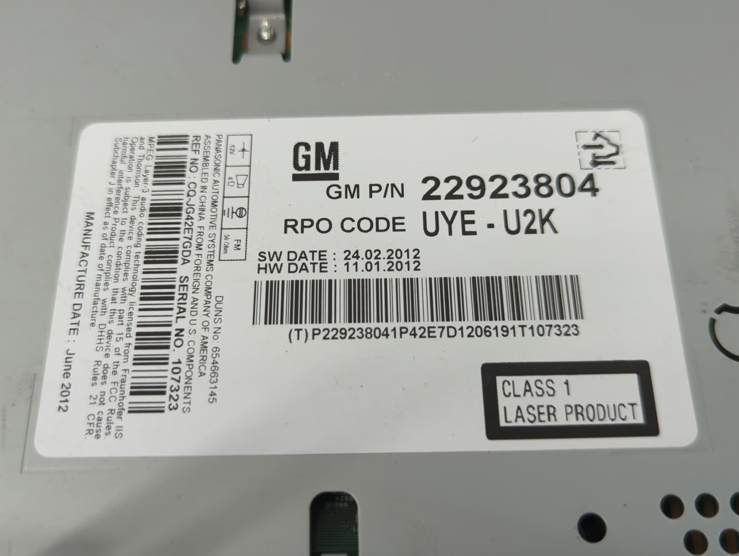 2013 Chevrolet Cruze Radio AM FM Cd Player Receiver Replacement P/N:22923804 Fits OEM Used Auto Parts - Oemusedautoparts1.co