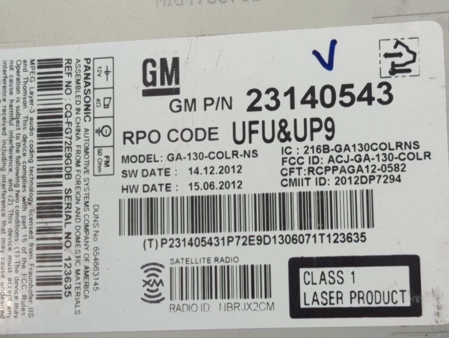 2013 Chevrolet Malibu Radio AM FM Cd Player Receiver Replacement P/N:23140543 CQ-FG72E9GDB, GA-130-COLR-NS, ACJ-GA-130-COLR 
