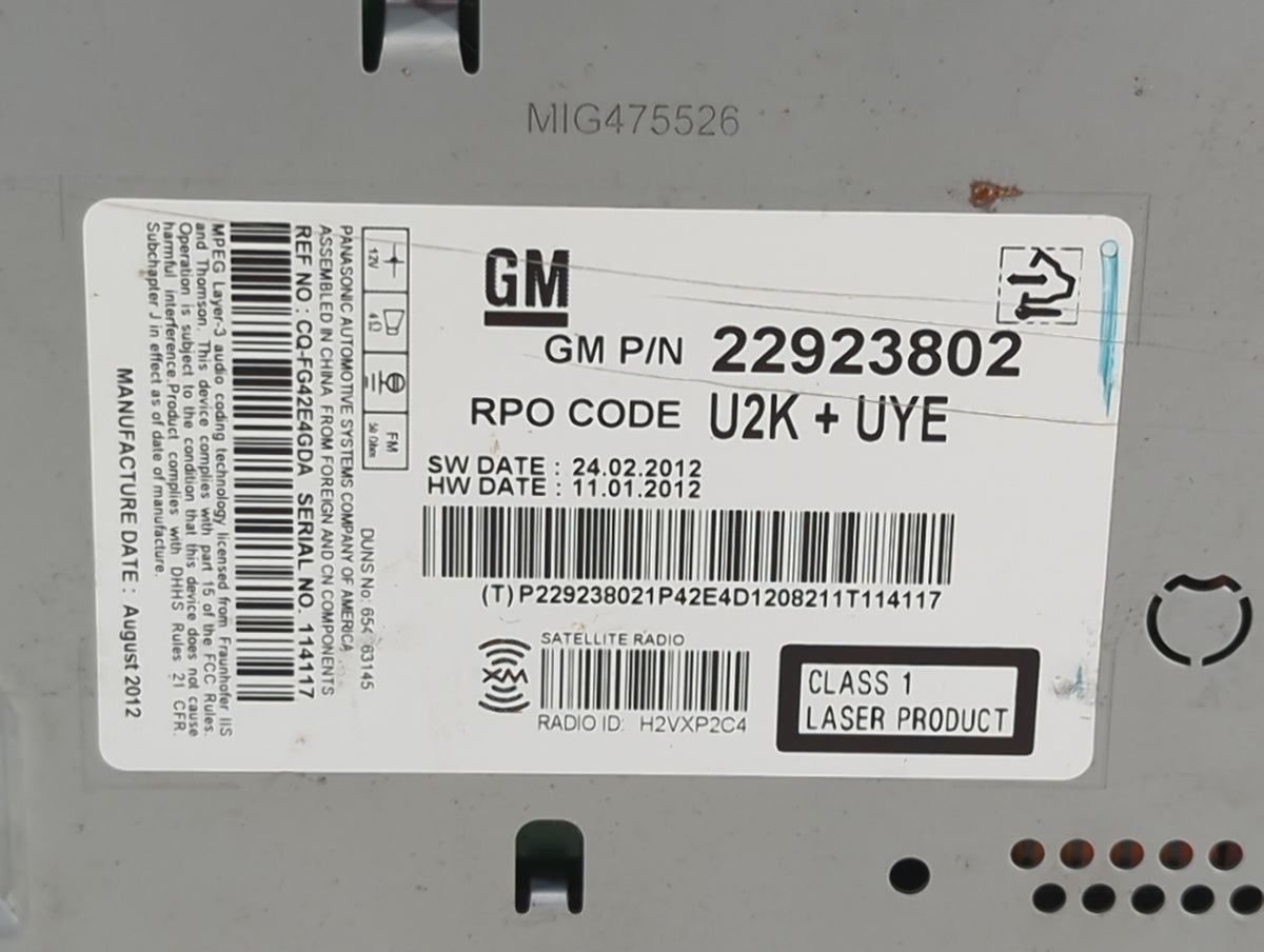2013 Chevrolet Malibu Radio AM FM Cd Player Receiver Replacement P/N:22923802 CQ-FG42E4GDA OEM Used Auto Parts - Oemusedauto