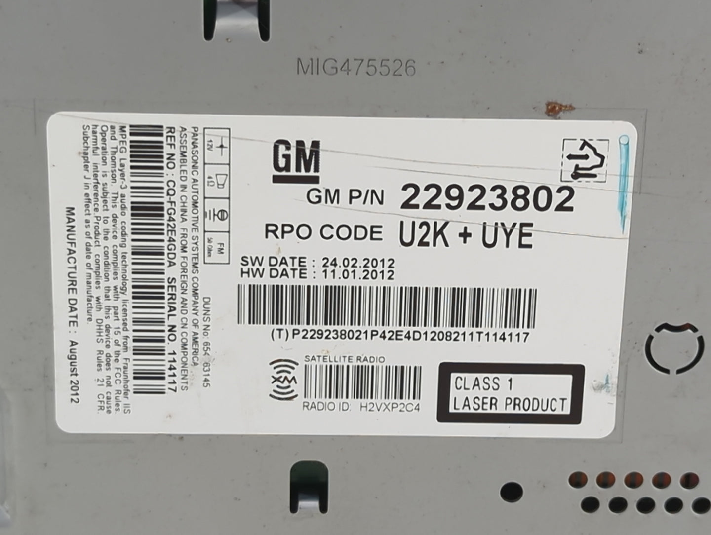 2013 Chevrolet Malibu Radio AM FM Cd Player Receiver Replacement P/N:22923802 CQ-FG42E4GDA Fits OEM Used Auto Parts - Oemuse