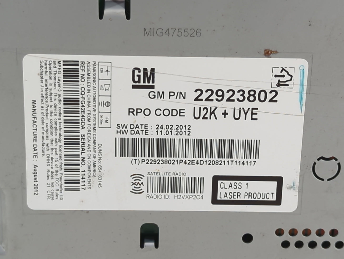 2013 Chevrolet Malibu Radio AM FM Cd Player Receiver Replacement P/N:22923802 CQ-FG42E4GDA Fits OEM Used Auto Parts - Oemuse