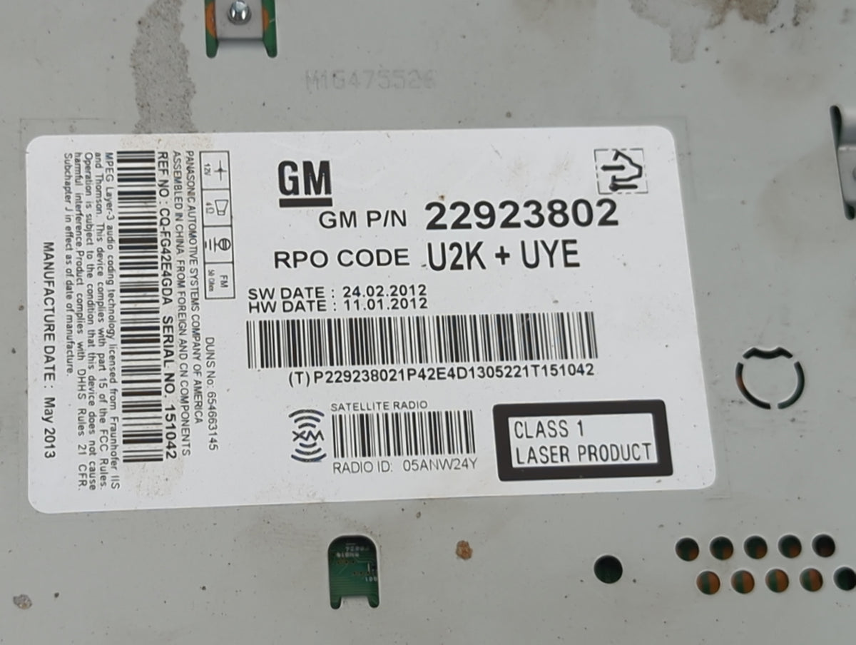 2013 Chevrolet Malibu Radio AM FM Cd Player Receiver Replacement P/N:22923802 CQ-FG42E4GDA Fits OEM Used Auto Parts - Oemuse
