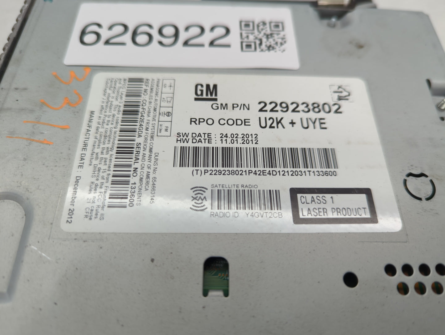 2013 Chevrolet Malibu Radio AM FM Cd Player Receiver Replacement P/N:22923802 Fits OEM Used Auto Parts - Oemusedautoparts1.c