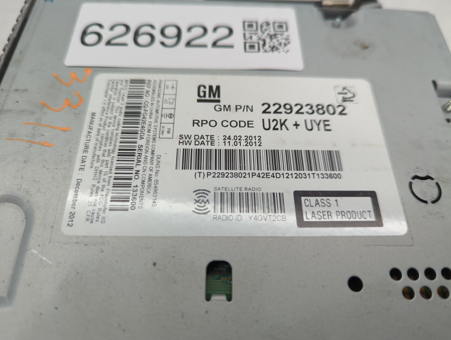 2013 Chevrolet Malibu Radio AM FM Cd Player Receiver Replacement P/N:22923802 Fits OEM Used Auto Parts - Oemusedautoparts1.c