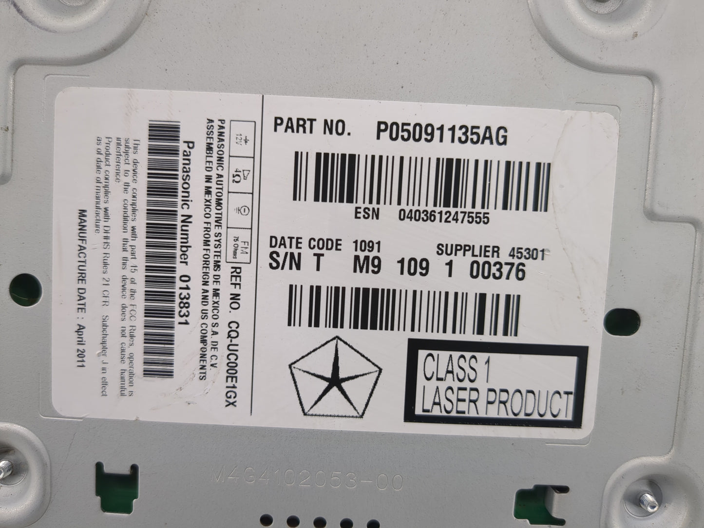 2013 Chrysler 300 Radio AM FM Cd Player Receiver Replacement P/N:P05091135AG Fits OEM Used Auto Parts - Oemusedautoparts1.co