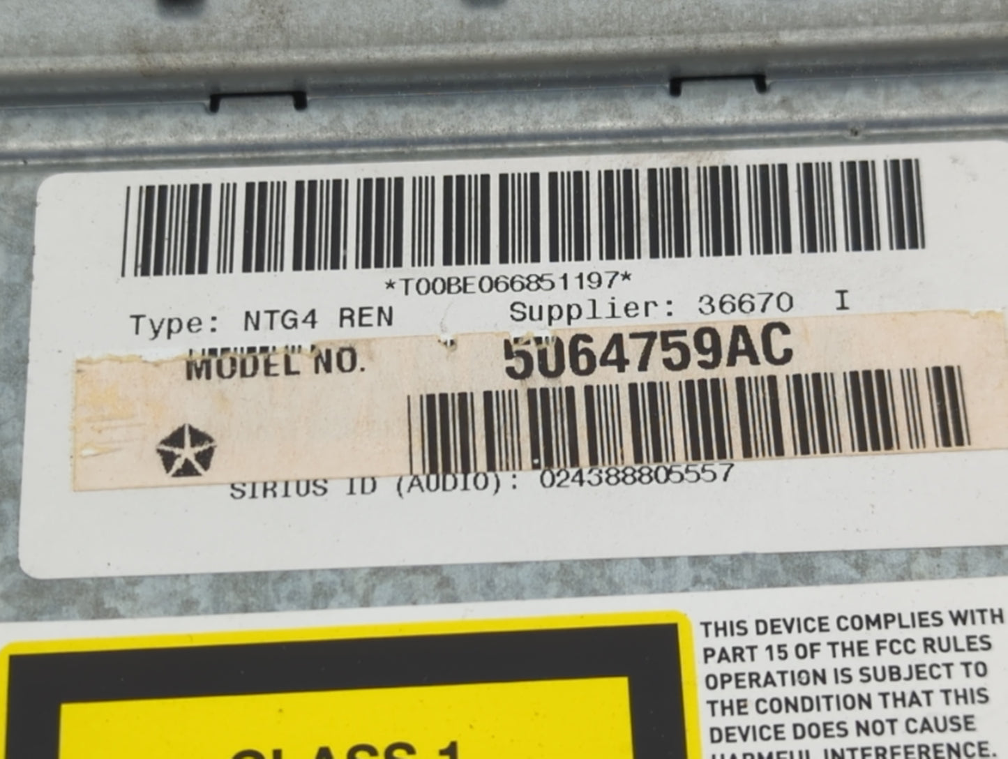 2013 Chrysler Town and Country Radio AM FM Cd Player Receiver Replacement P/N:5064759AC NTG4 REN Fits OEM Used Auto Parts - 