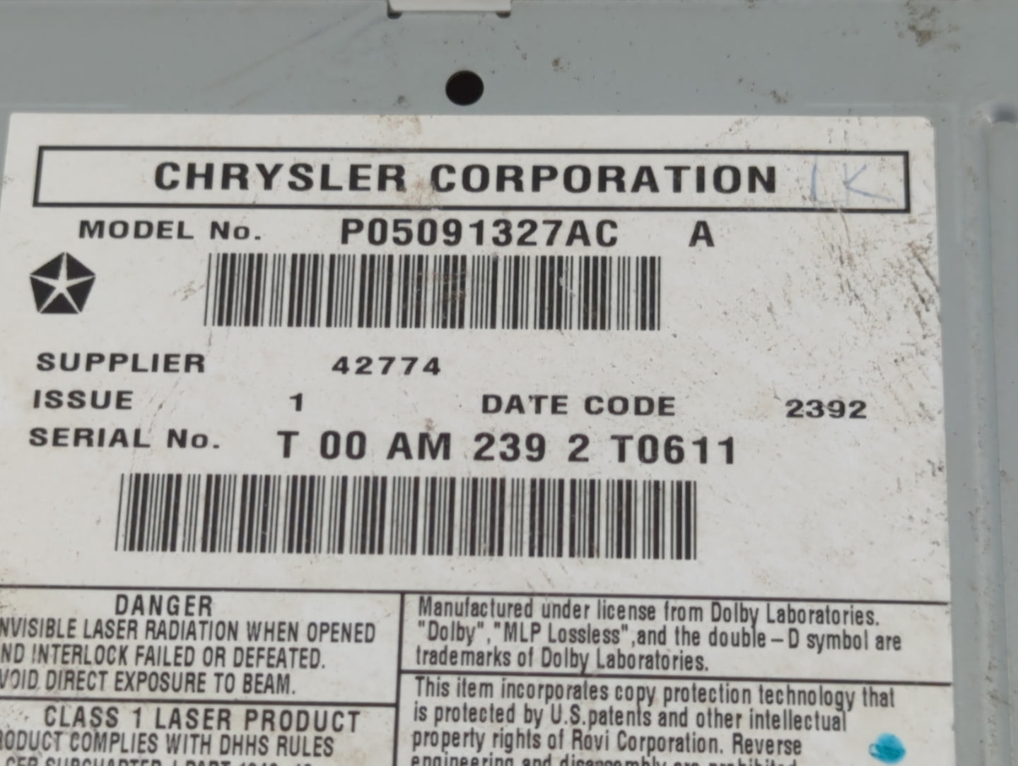 2012-2016 Chrysler Town & Country Radio AM FM Cd Player Receiver Replacement P/N:P05091327AC Fits OEM Used Auto Parts - Oemu