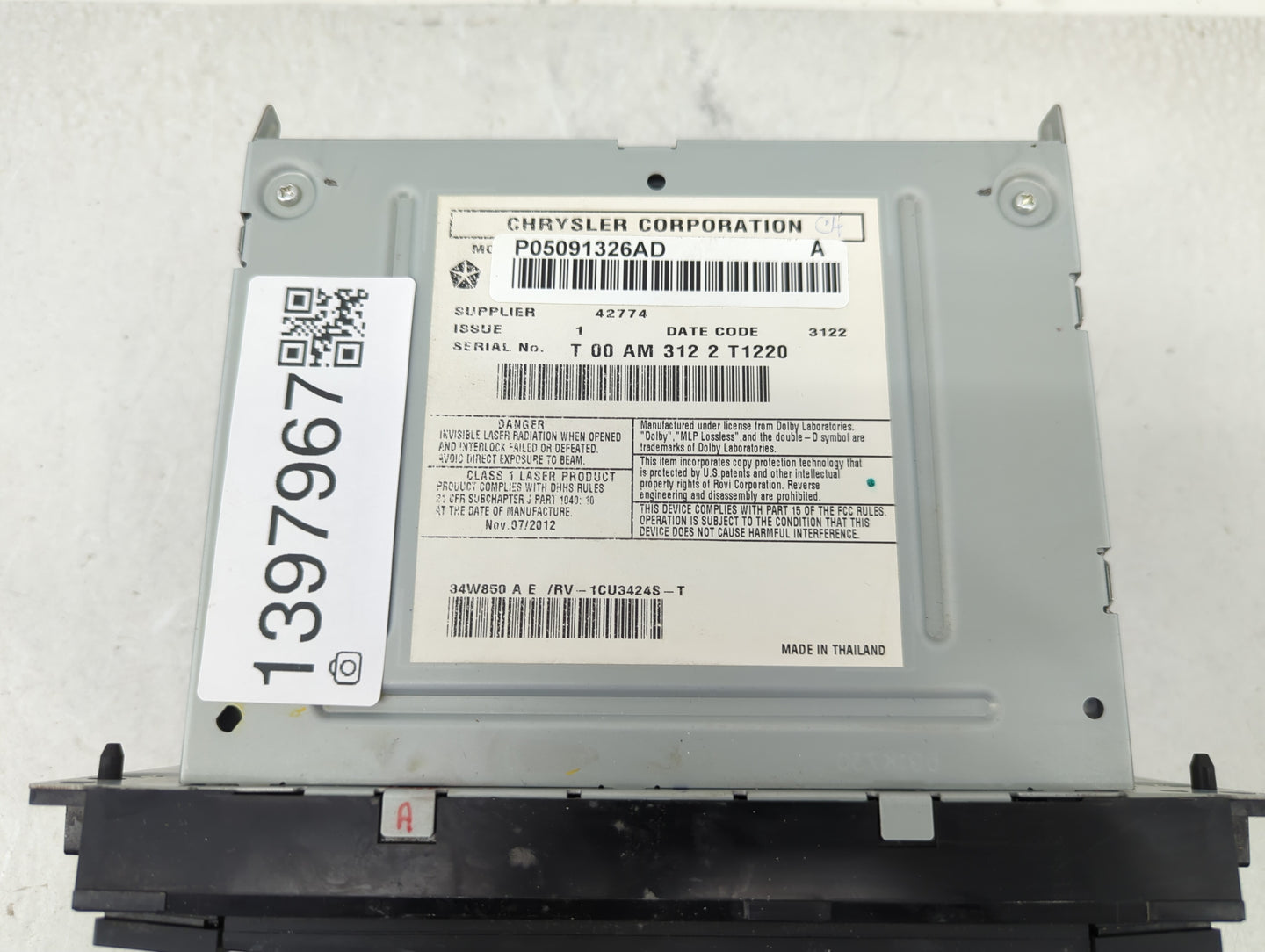 2013 Chrysler Town & Country Radio AM FM Cd Player Receiver Replacement P/N:05091326AD Fits OEM Used Auto Parts - Oemusedaut
